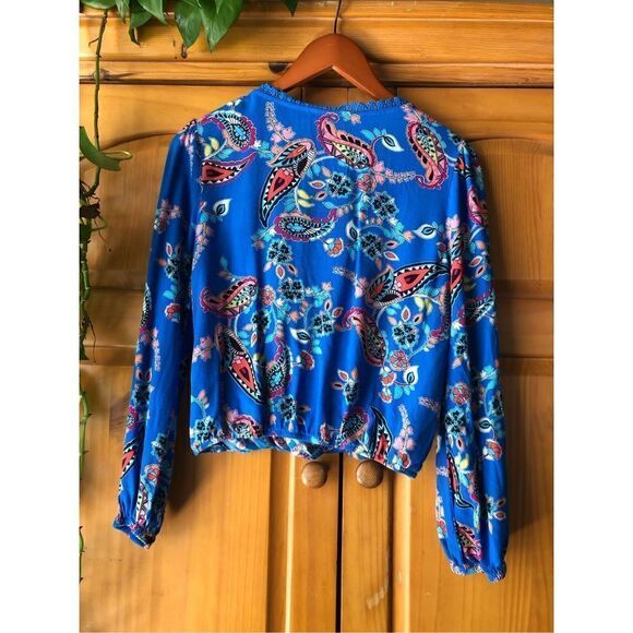 MI AMI Shirred Hem Paisley Floral Faux Wrap  Top SZ S - Picture 5 of 11